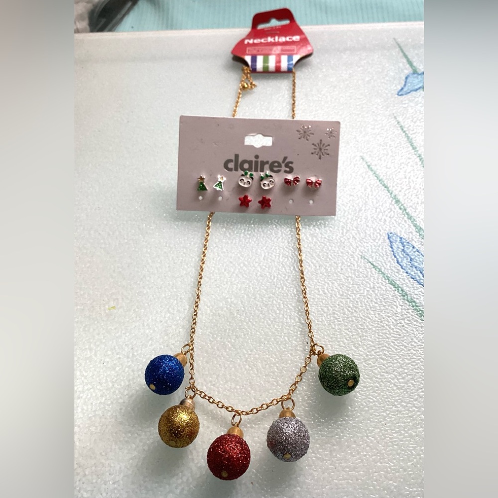 NEW Christmas necklace 9” + 4 pair of mini earrings